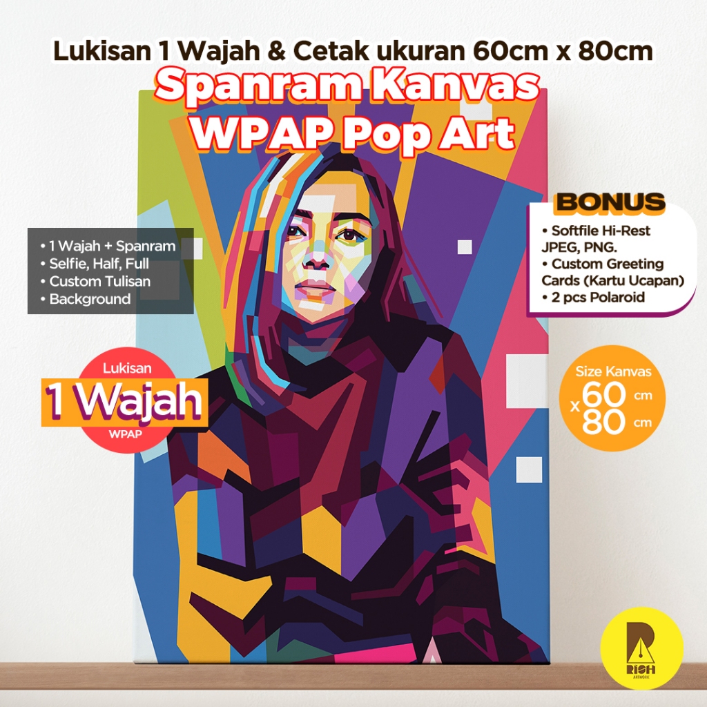 Lukisan Wajah WPAP Pop Art 1 Wajah + Cetak Kanvas Spanram 60×80/24R | Custom Kado Ulang Tahun/Hiasan