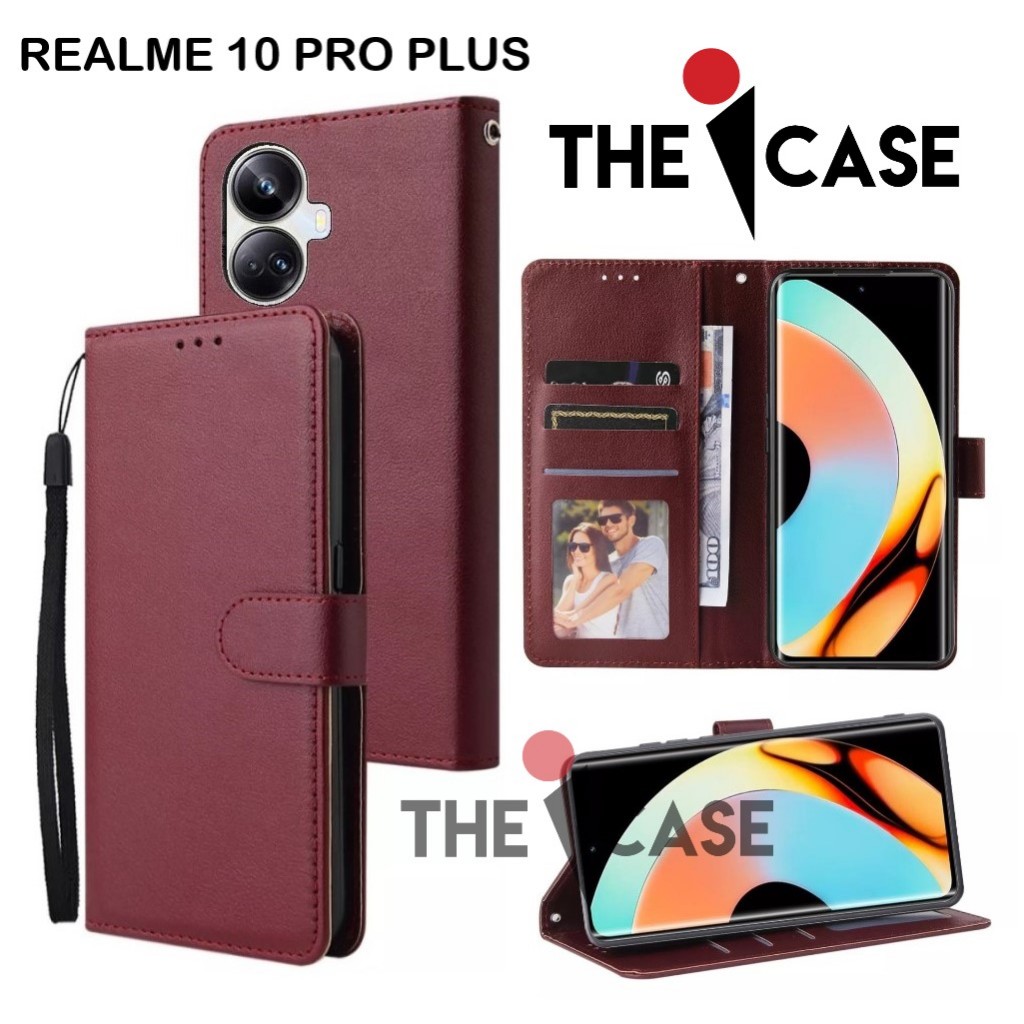 Casing REALME 10 PRO PLUS model flip buka tutup case kulit ada tempat foto dan kartu juga tali hp fl