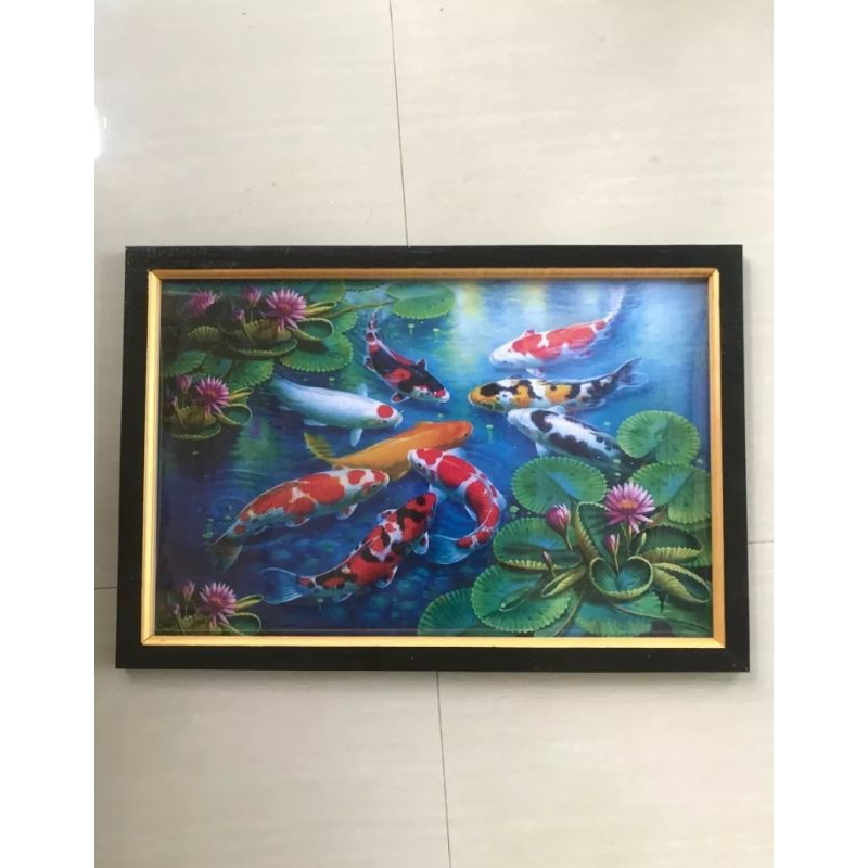 Hiasan dinding lukisan cetak ikan koi plus bingkai UK 35x52cm