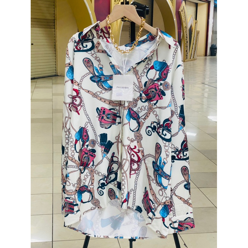 KEMEJA WANITA BKK SILK PREMIUM IMPORT MOTIF RANTAI BLUE