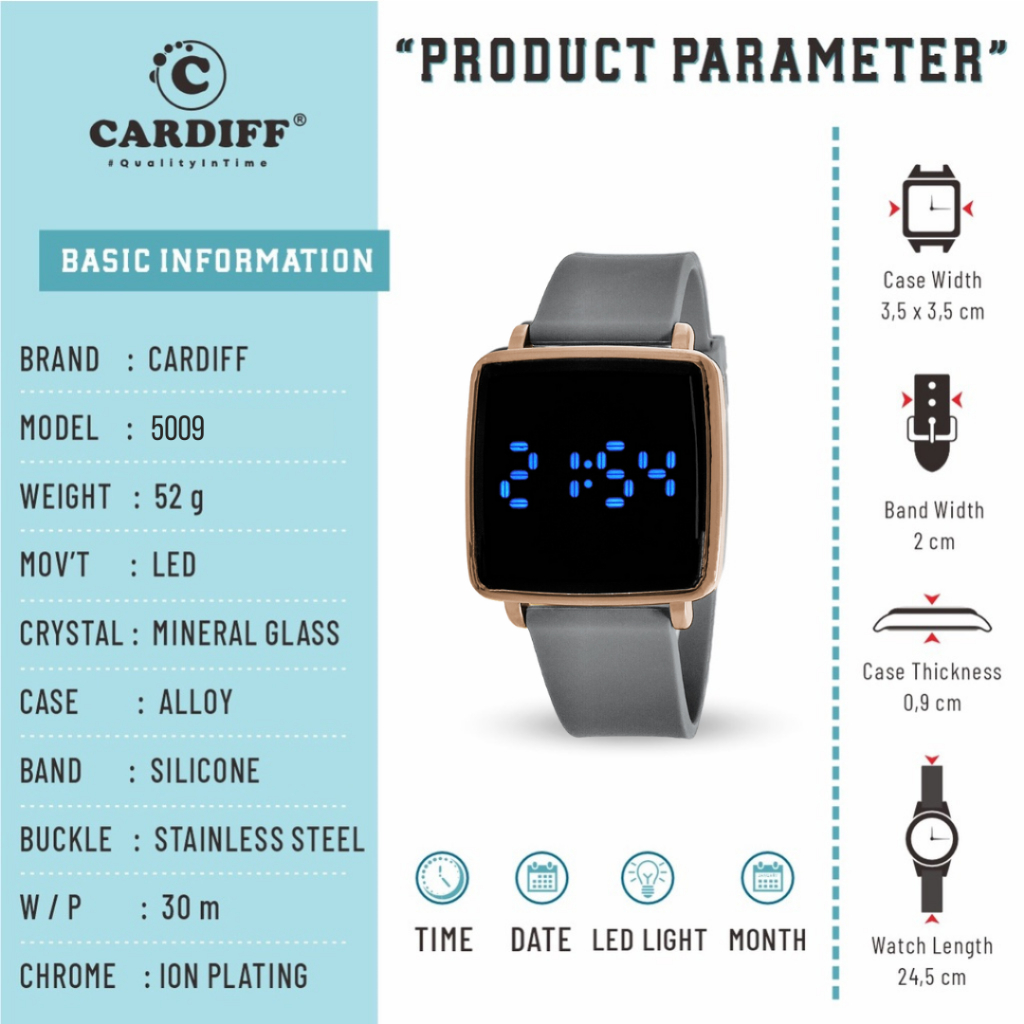 WTT CARDIFF Jam tangan LED sport pria wanita waterproof 5009 Rose gold Rubber Silicon Karet