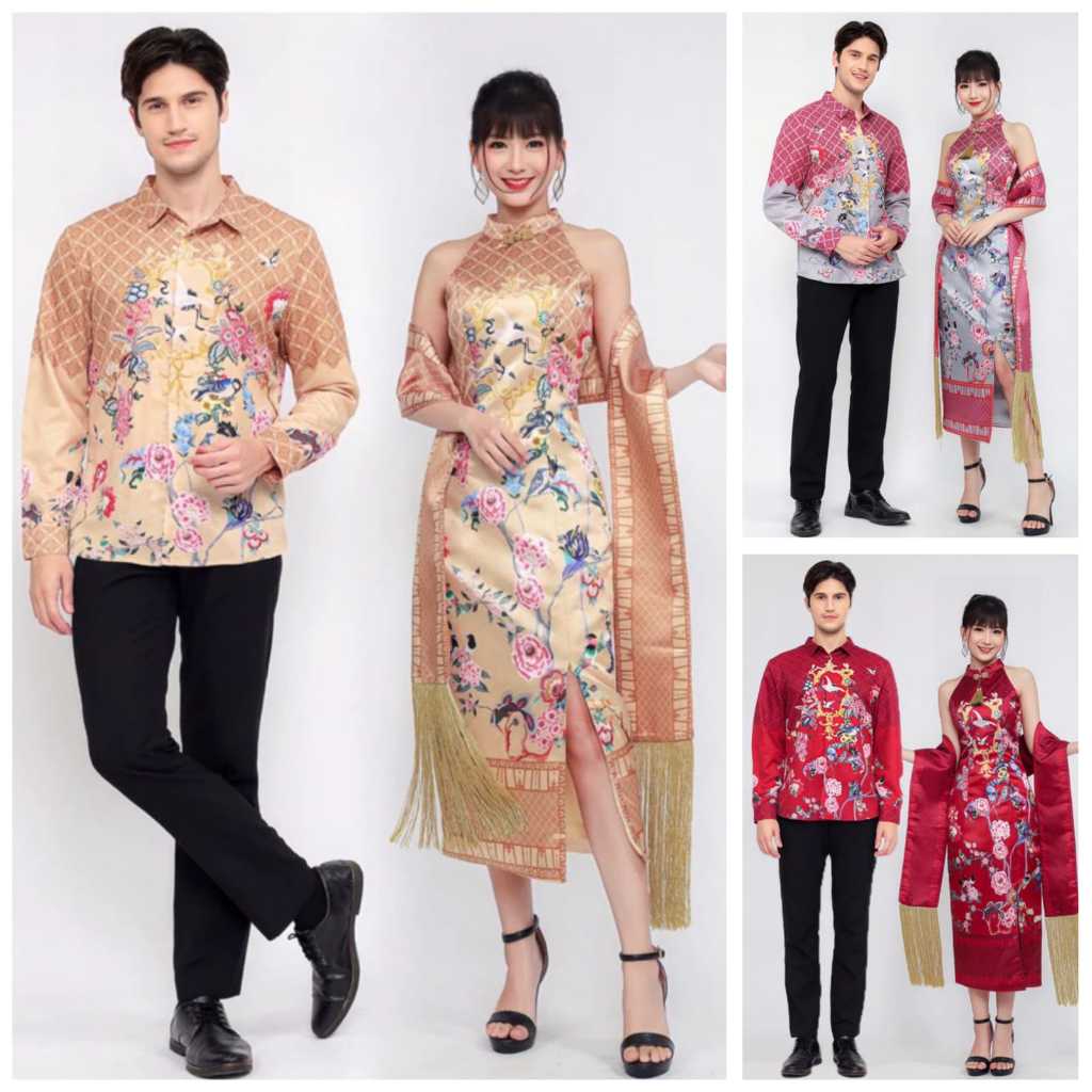 Couple dress cheongsam gold pink merah maroon changsan set baju sangjit tingjing tunangan gaun sinci