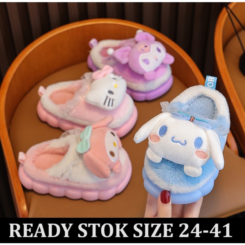 SD004 Sandal Bulu Eva anak perempuan cewek Kuromi Cinnamoroll hello kitty melody original import ungu pink biru cinamorol children slipper selop sendal flip flop kekinian modis ready stok viral tiktok tik tok princess sanrio rumah ruangan kamar home slop