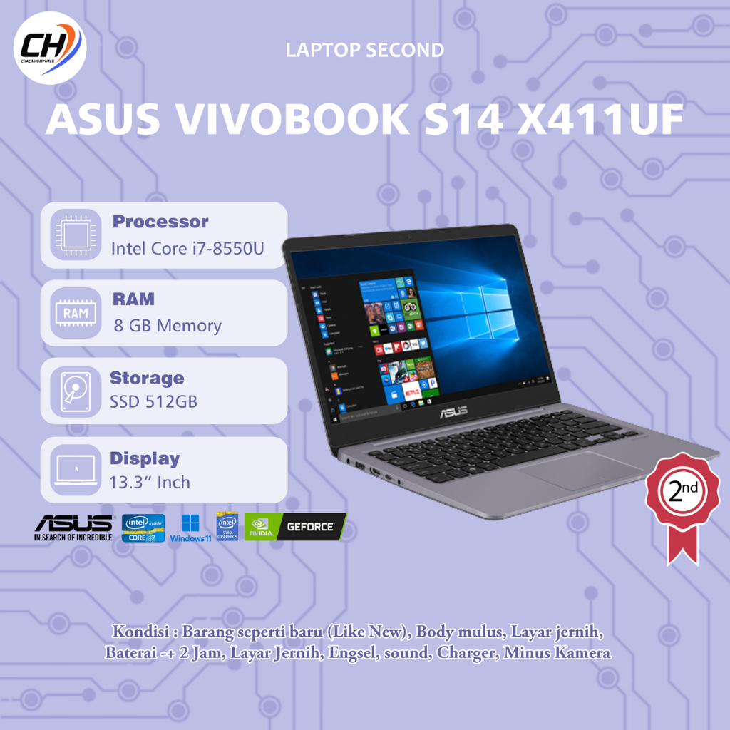 Laptop Asus Vivobook S14 X411UF Second - RAM 8GB SSD 512GB with Camera Eksternal