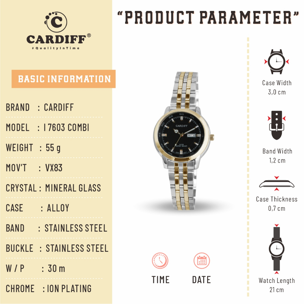 CARDIFF Analog I 7603 Jam Tangan Kasual Wanita Rantai Water Resist