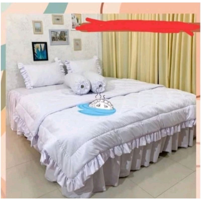 SEPREI RUMBAI SET BEDCAVER PUTIH MOTIF polos putih ukuran 160x200 T20 bahan katun