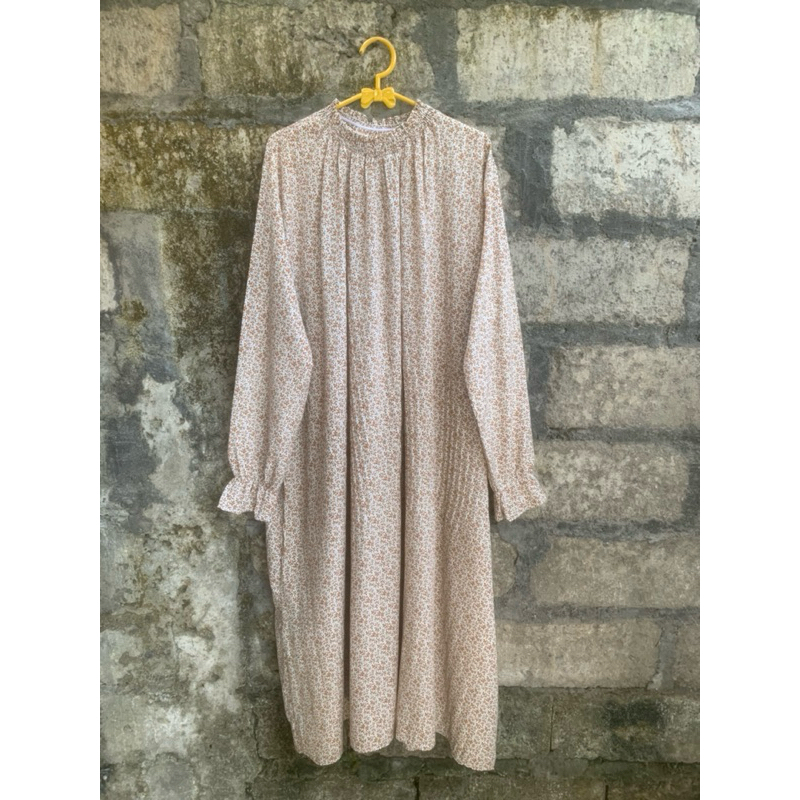 GAMIS PLISKET / LONG DRESS WANITA LENGAN PANJANG MOTIF DAUN COKLAT