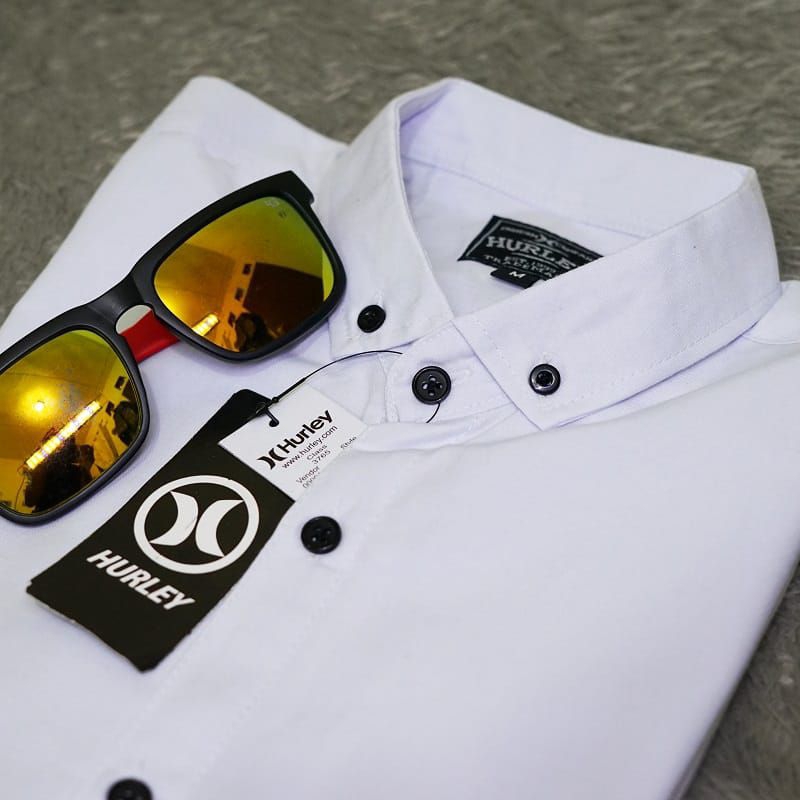 Kemeja Polos Pria Lengan Pendek putih Bahan Katun Poplin Oxford Slimfit Hurley