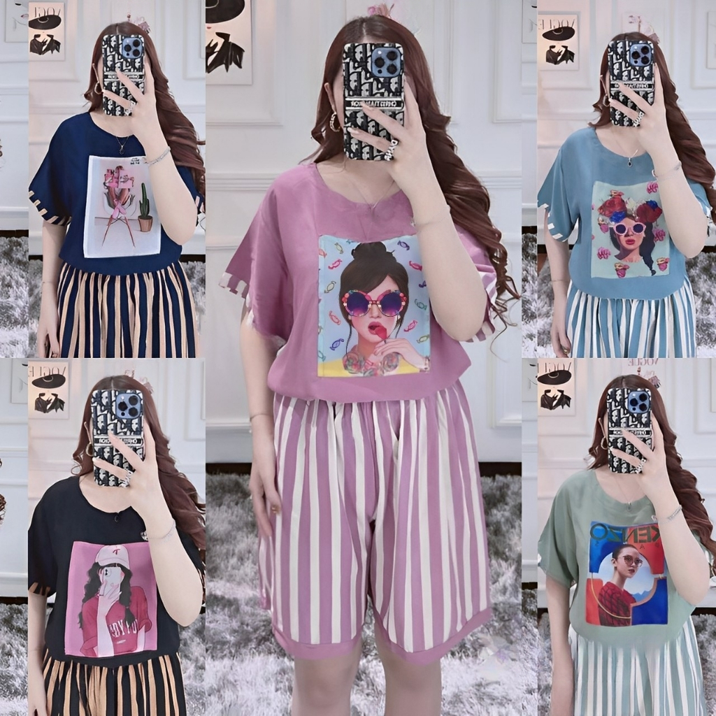 Setelan Pendek Wanita One Set Rayon Hotpants Kekinian Model Korea Busui Resleting Handmade Motif Sal