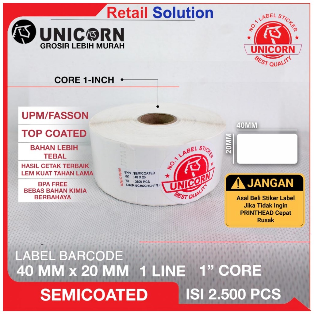 

Label Barcode Semicoat 40x20 mm / 40 x 20 mm / 4x2CM - 1 Kolom