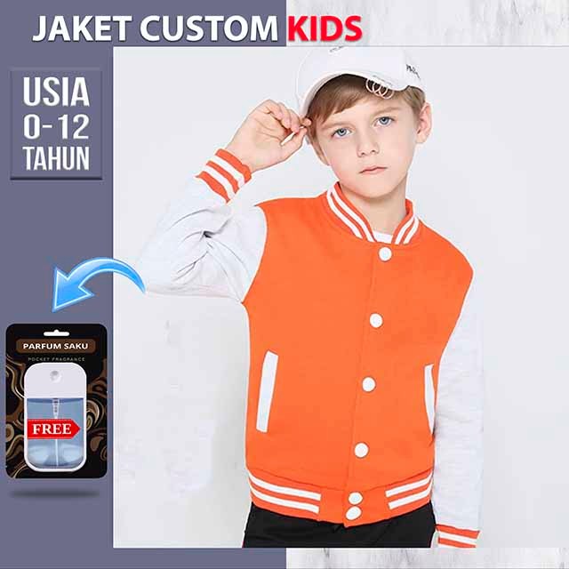 JAKET VARSITY ANAK POLOS (ORANGE PUTIH) JACKET KIDS BASEBALL CUSTOM