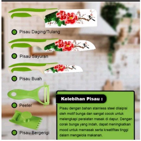 Pisau Dapur Set 5in1 Motif Bunga FLOWER / Kitchen Knife Set Super Tajam Stainless