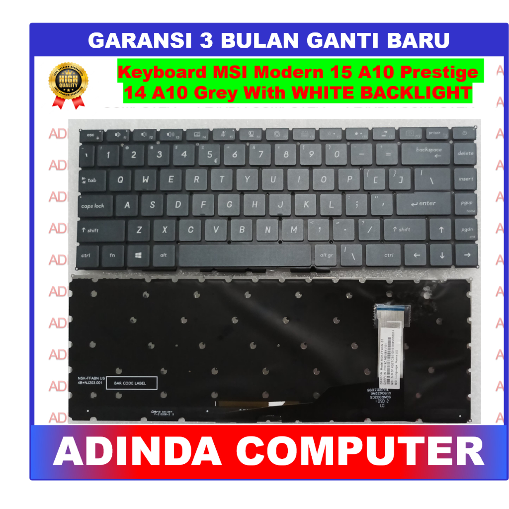 Keyboard MSI Modern 15 A10 Prestige A10RAS A10RBS A11 Grey with WHITE BACKLIGHT