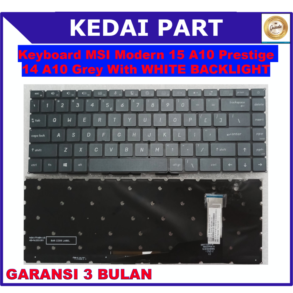 Keyboard MSI Modern 15 A10 Prestige A10RAS A10RBS A11 Grey with WHITE BACKLIGHT