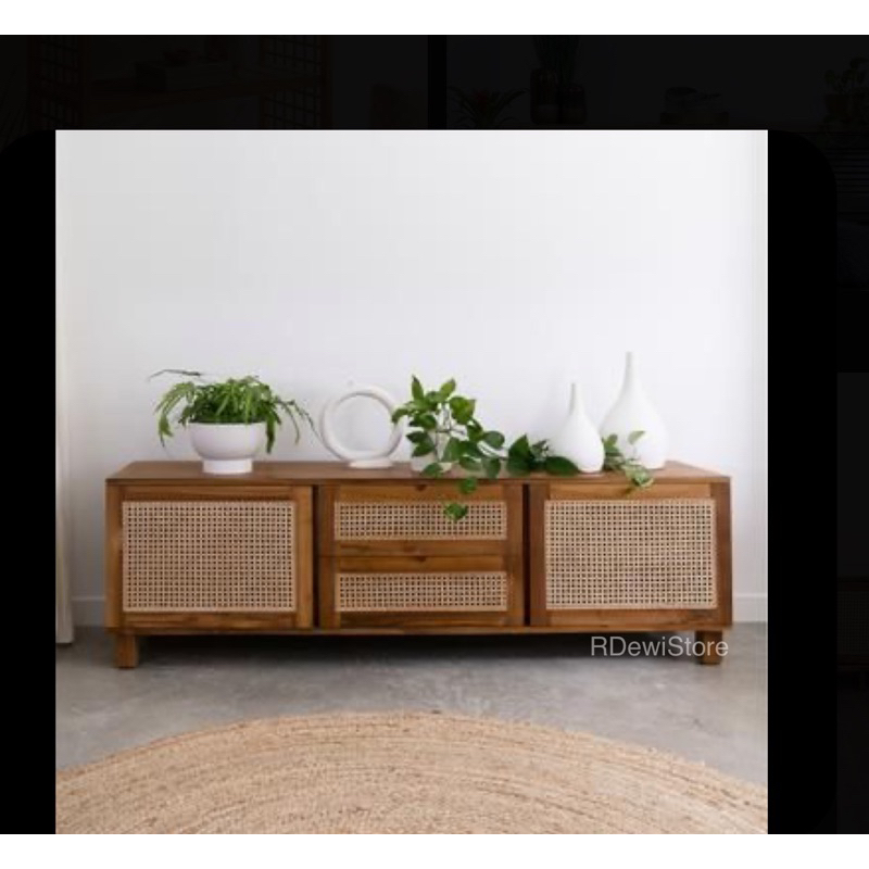meja tv bufet tv minimalis kayu jati pintu rotan mewah simple