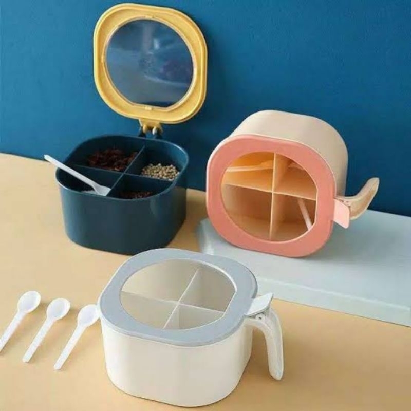 Tempat Bumbu Plastik 4 Sekat / Kotak Bumbu Set Sendok 4in1 / Wadah Bumbu Dapur