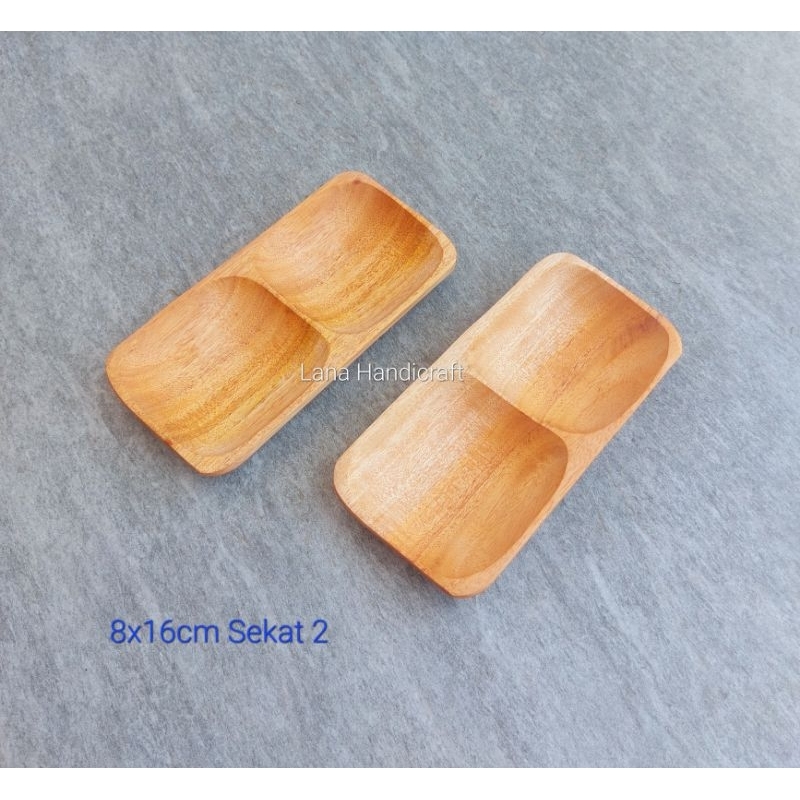 piring kayu/piring saji/piring persegi sekat 2 kayu mahoni 8x16cm