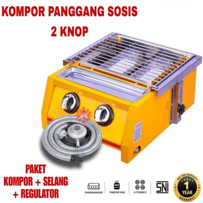 kompor  , 2 Tungku  , Gas , Roaster ,  panggang , Panggangan ,  Sosis  BBQ , Ikan , Ayam