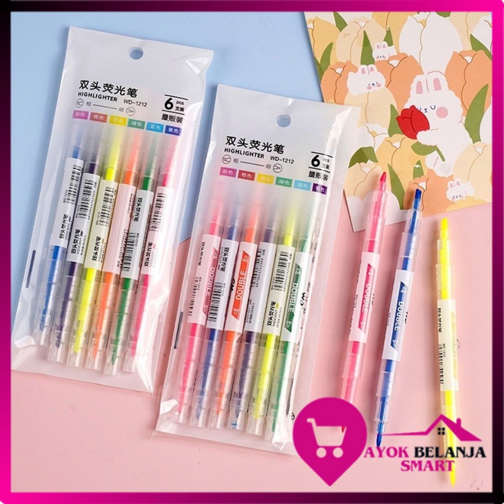 

ABS Set Highlighter Dua Sisi Warna isi 6Pcs Pen 2 sisi Diary Marker Stationery Lucu Unik Penanda Buku Warna Warni Pena Penanda Kepala Ganda 2 Arah