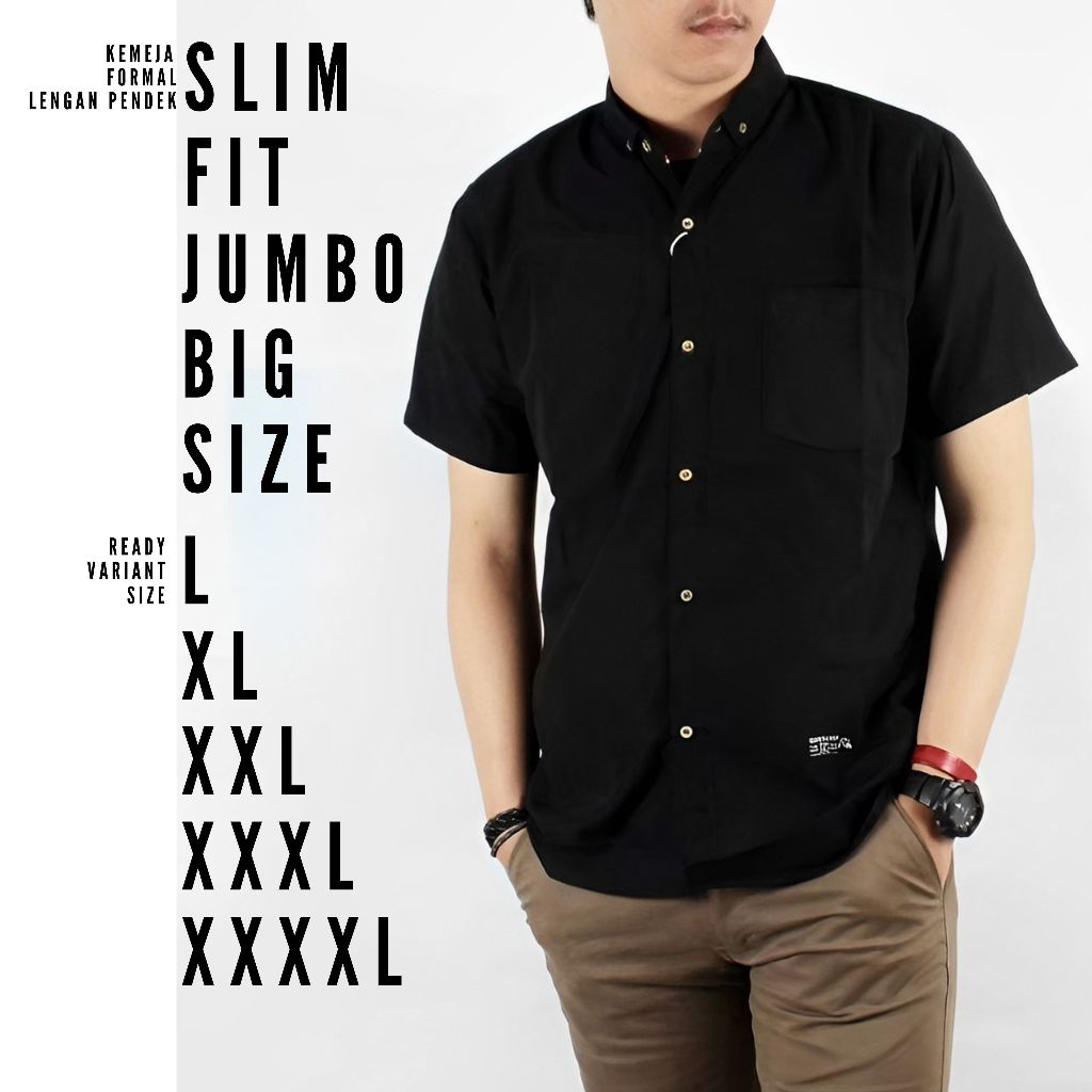 kemeja hem pria polos formal jumbo size big size ukuran besar lengan pendek hitam bukan alisan