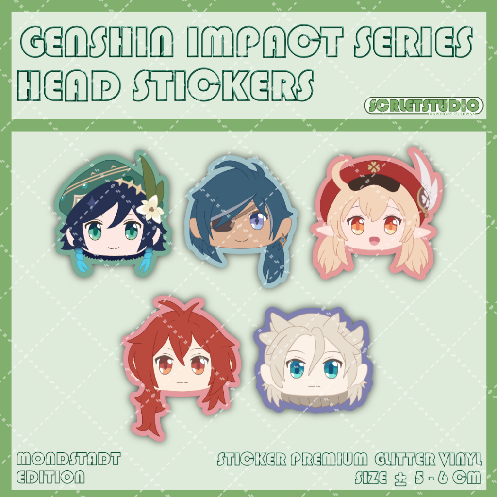 

SCRLETSTUDIO STICKER GLITTER PREMIUM QUALITY GENSHIN IMPACT HEAD CHIBI MONDSTADT ANIME CHARACTERS VENTI ALBEDO KLEE KAEYA DILUC