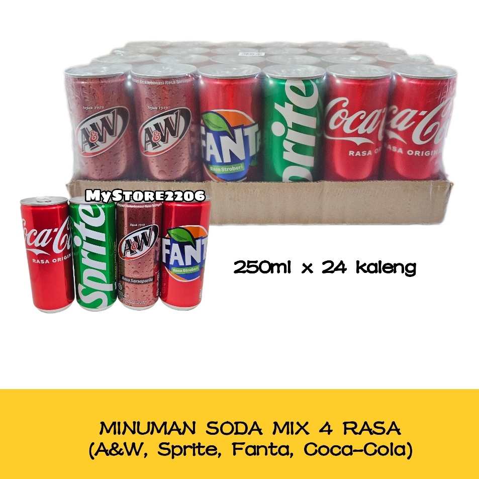 

New Trend Minuman Kaleng Soda Soft Drink Mix 4 Rasa AW AW Sprite Fanta Coca Cola 25ml x 24 kaleng