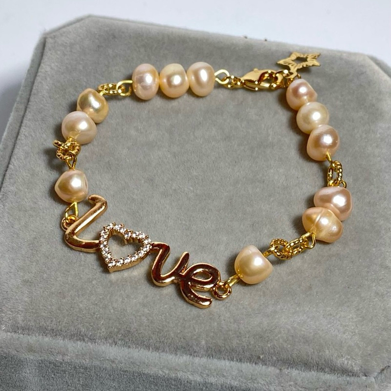 Gelang mutiara asli mutiara lombok | gelang rhodium tulisan love mutiara air tawar asli lombok | pea