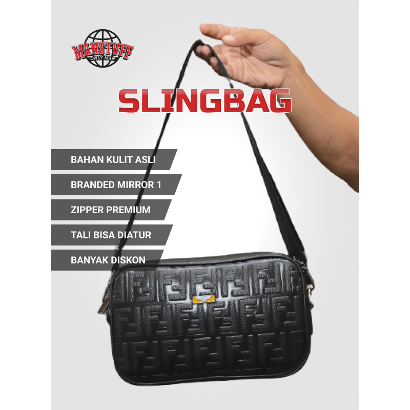 Tas Selempang Pria Bahan Kulit Asli Sling Bag Cowok Premium Kulas Fendi Full Embos Include Box