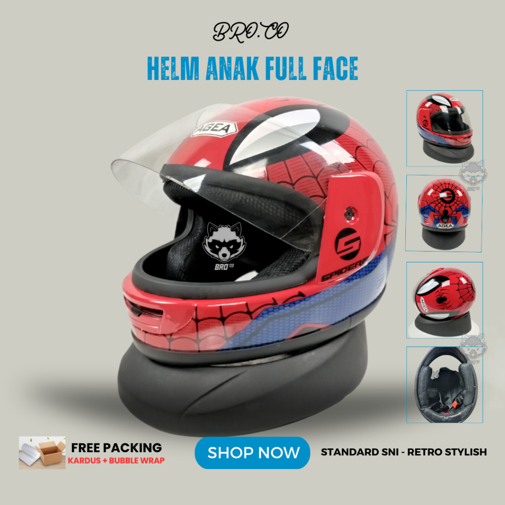 HELM FULL FACE ANAK ANAK KLASIK JUNIOR PREMIUM STANDARD SNI SPIDERMAN RED GLOSSY BROKIDS BRO.CO UNTU