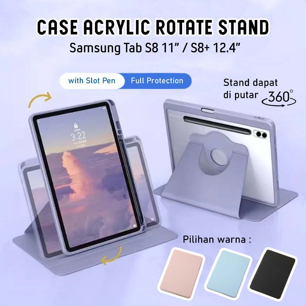 Case Samsung Tab S8 11 / S8+ Plus 12.4 Rotate Smart Cover Casing Akrilik Soft Kesing Transparan Puta