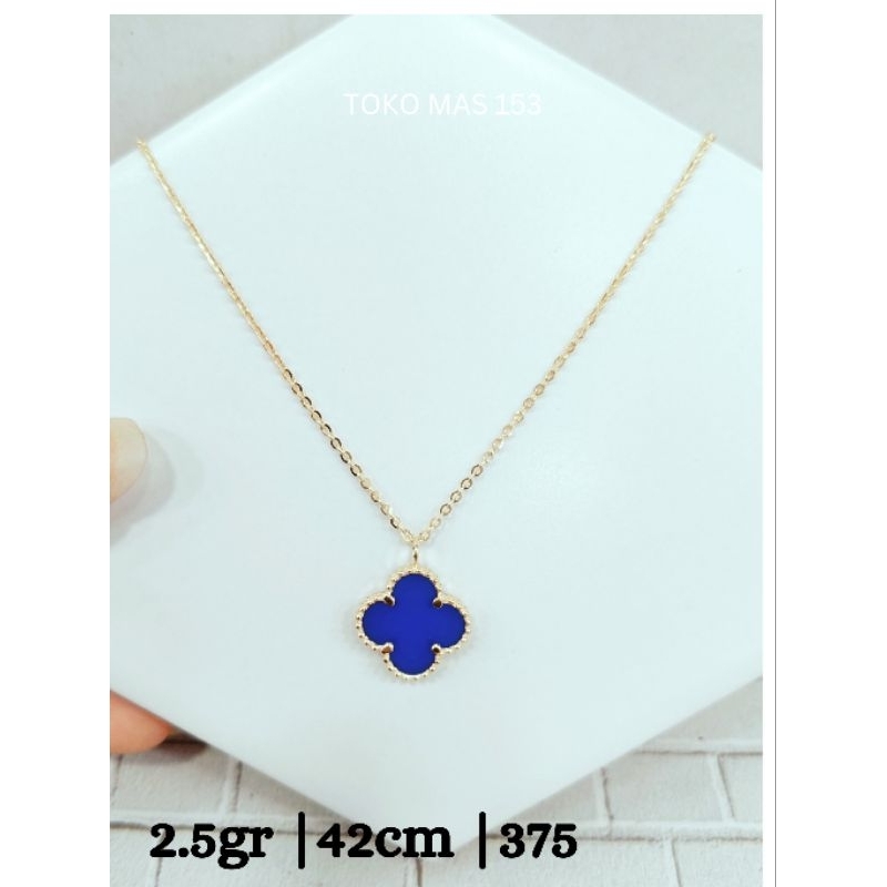 WAJIB TANYA STOK Realpict Kalung Berliontin Vancleef Biru Tua Emas Asli Kadar 375
