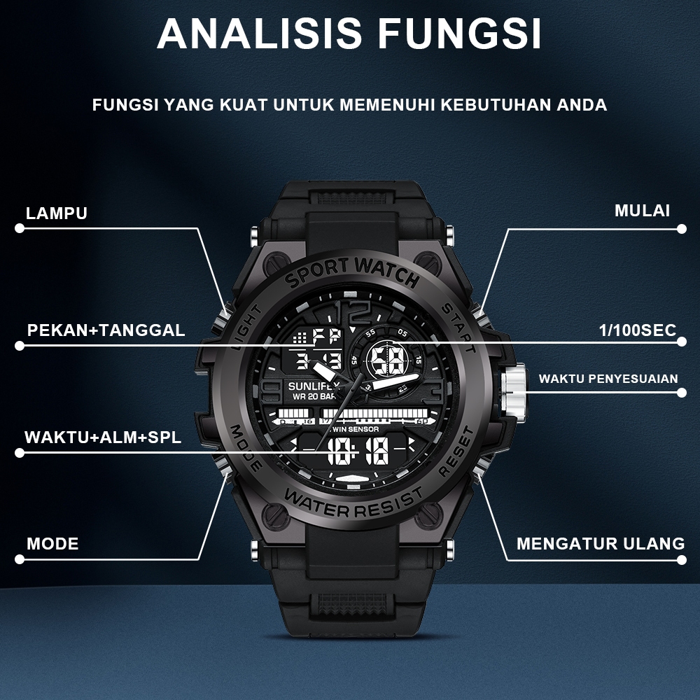 Sunlifex Jam Tangan Pria Digital&Analog Olahraga Multifungsi Tali Silikon Jam Tangan Cowok D003-4