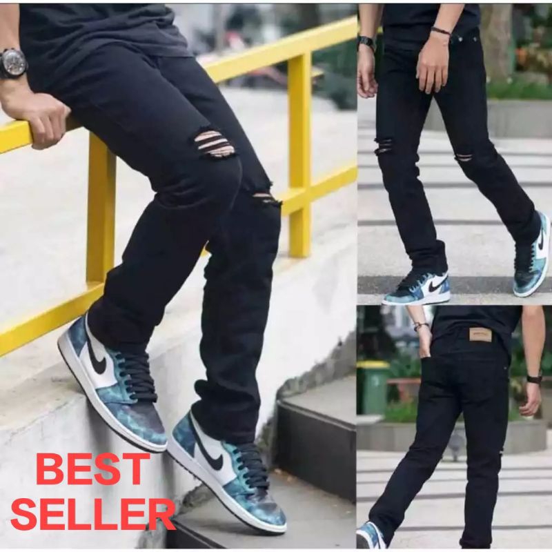 Celana Jeans Pensil Pria Sobek Ripped skinny destroyer