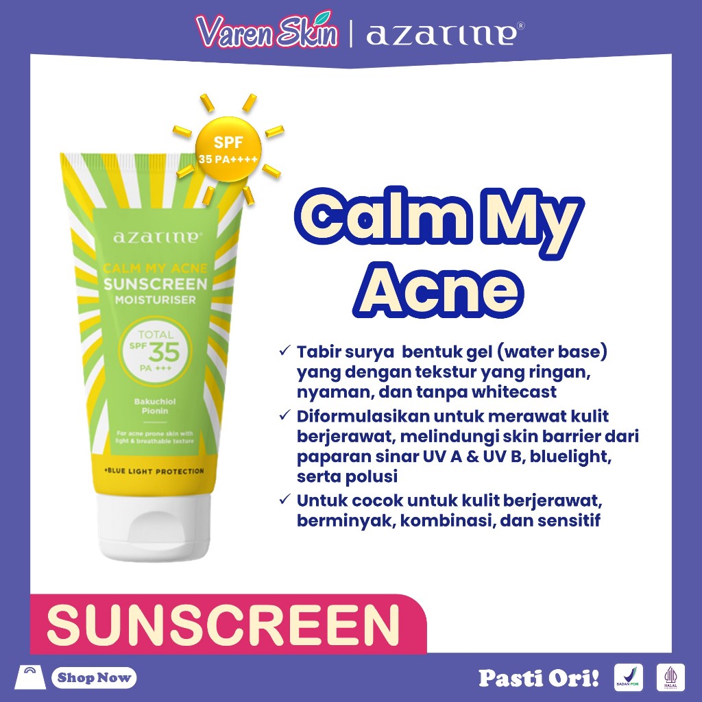 	 AZARINE Calm My Acne Sunscreen Moisturiser SPF35 PA+++ Sunscreen Gel Untuk Kulit Berminyak Berjerawat Sensitif 40ml	