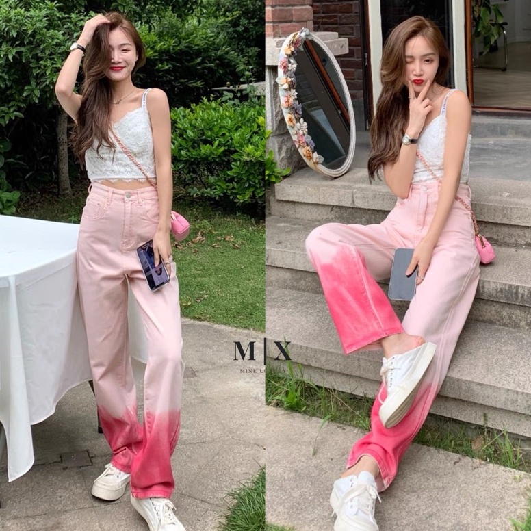 MIX COLOUR HIGHWAIST JEANS DENIM PINK CELANA PANTS CULLOTE BAGGY TIEDYE MX849