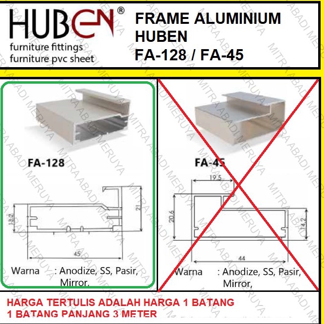 Promo Profil Frame Handle Alumunium Aluminium HUBEN FA 128 FA128 FA128