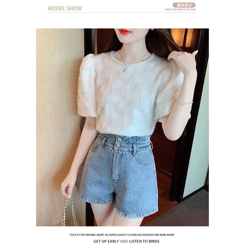 Blouse warna putih cantik Korea lengan pendek elegant