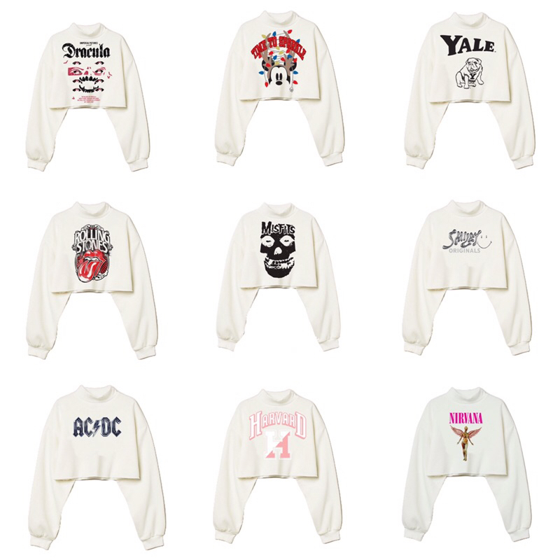 HNM NEW ACDC YALE MISFITS HARVARD NIRVANA UTERO DRACULA MICKEY MOUSE LIDAH SMILEY CREAM CROP TOP TUR