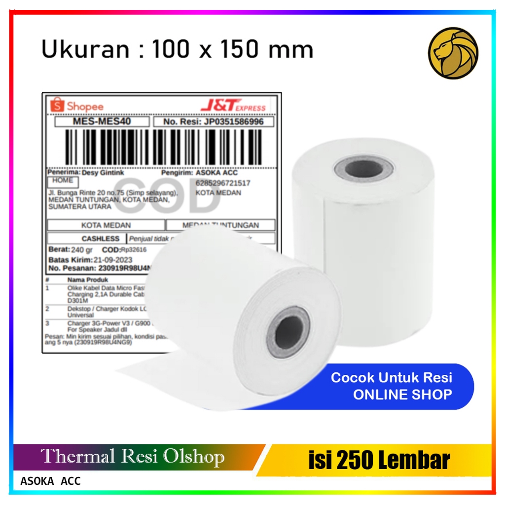 

(250 Lbr) Label Thermal 100 x 150 mm Barcode 250 Lembar Size A6 Kertas Sticker Direct Thermal