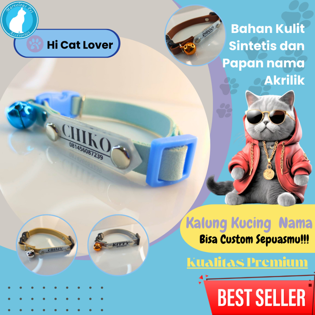 Kalung Kucing Custom Nama Bahan Kulit Sintetis Lonceng Besar 14 mm