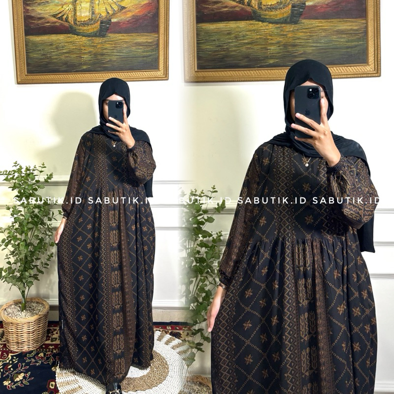 syahima midi drees gamis rayon motif, gamis rayon motif kekinian, busui