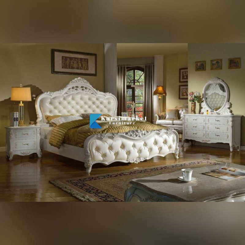 Tempat tidur duco putih ranjang tidur jok mewah kayu jati