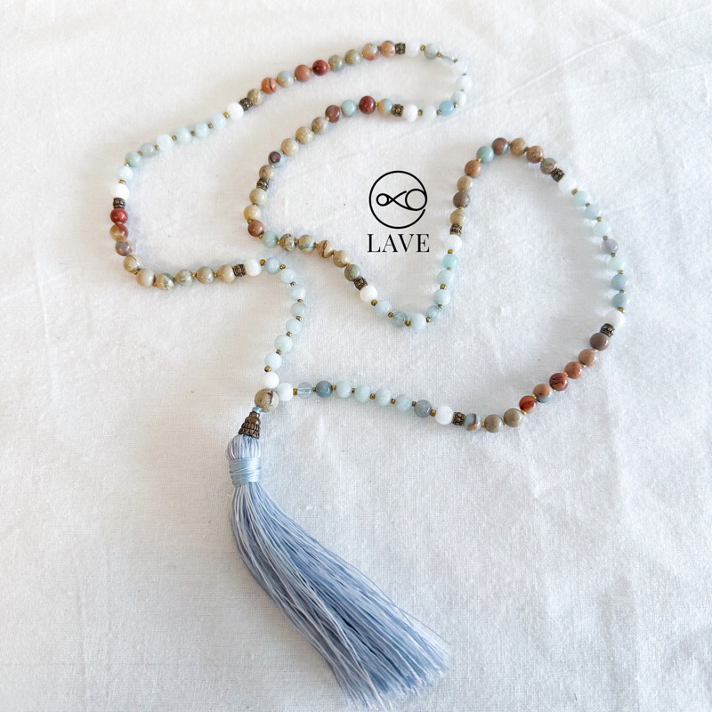 Imperial Jasper Moonstone Aquamarine Mala Necklace