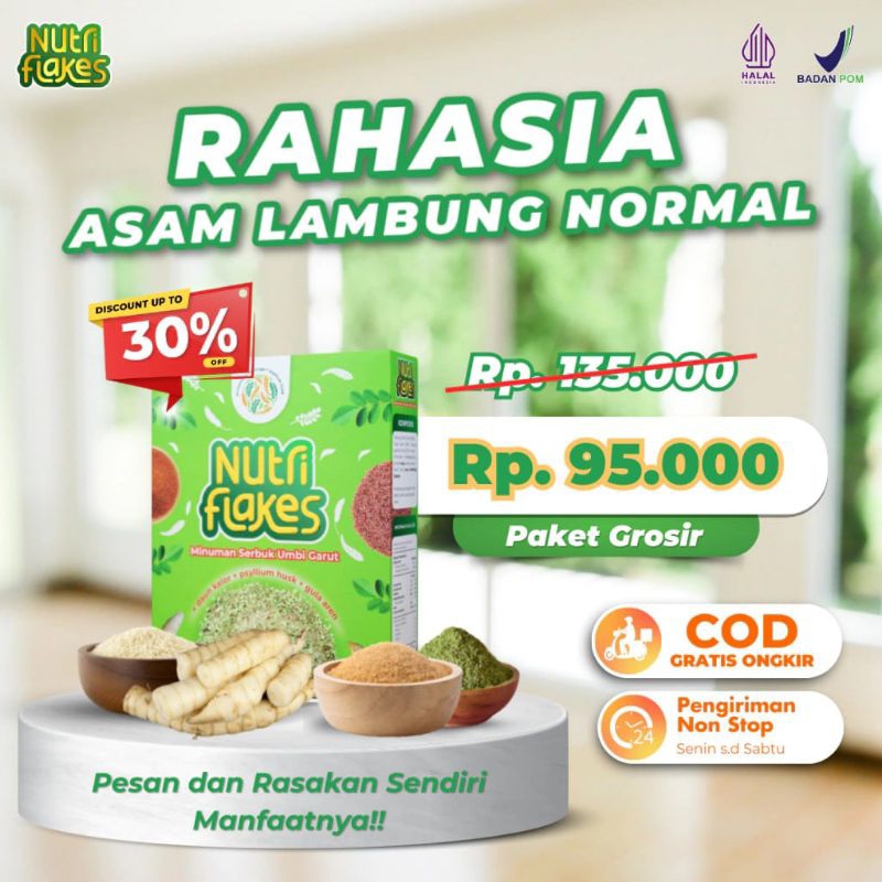 

NUTRIFLAKES Sereal Umbi Garut & Daun Kelor Solusi Alami Asam Lambung Maag Gerd dan Gangguan Pencernaan