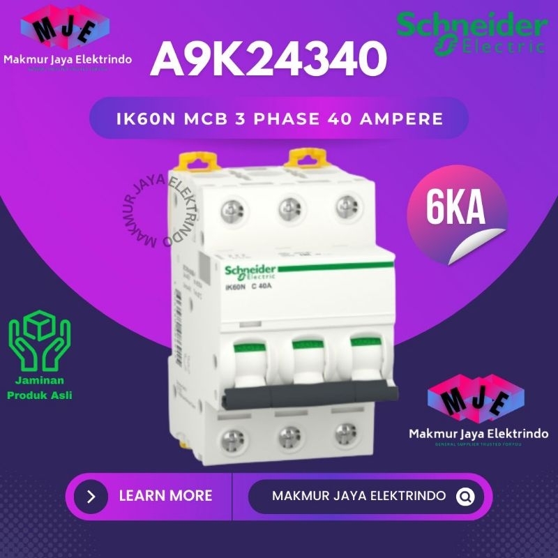 MCB 3 Phase 40 Ampere IK60N 3P 40A 6kA 3 Pas 40 Amper Schneider Original SNI