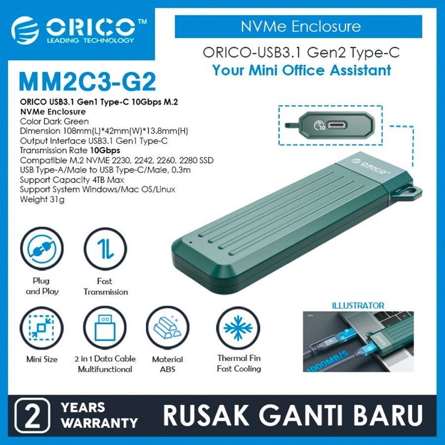 ORICO USB3.1 Gen2 Type-C 10Gbps M.2 NVMe SSD Enclosure - MM2C3-G2