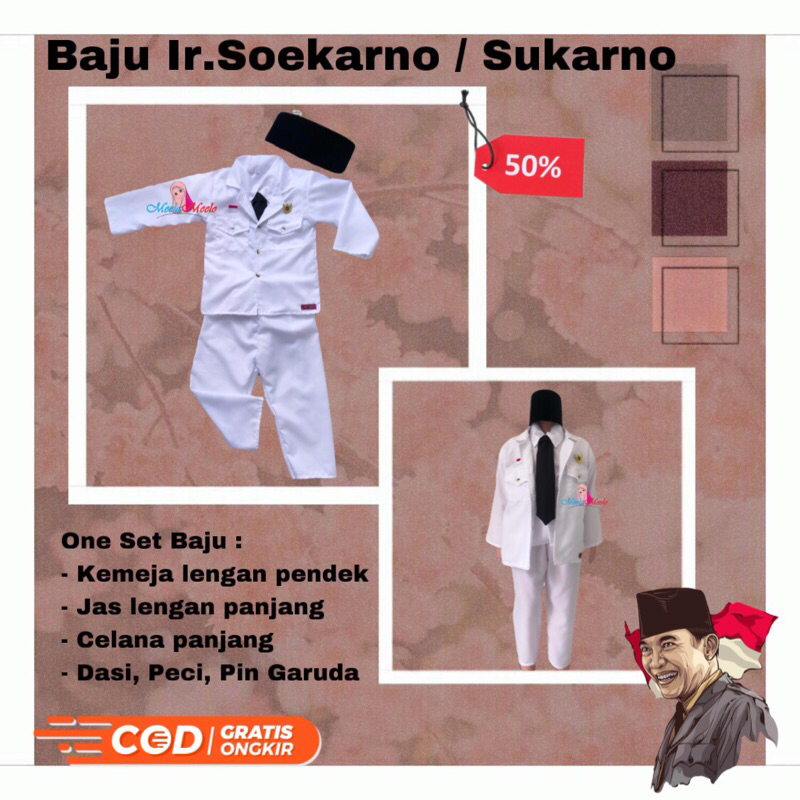 Kostum Pahlawan Soekarno / Baju Bung Karno Free Peci / Kostum Karnaval Soekarno / Baju Anak