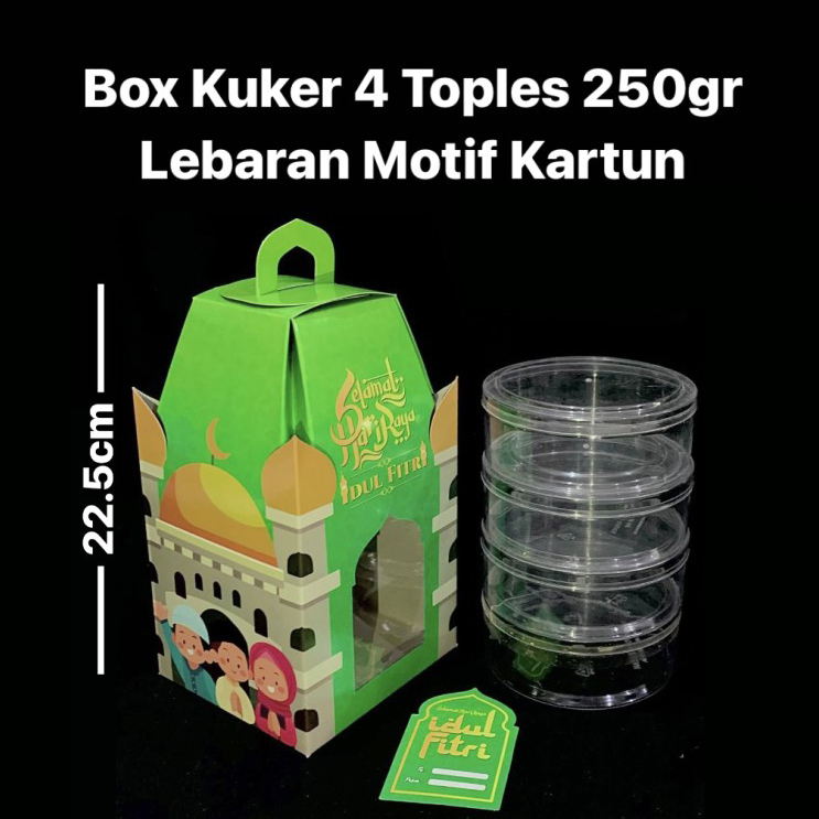 

5 pcs Box 4 Toples Kuker 250gr Lebaran Kardus Tenteng Toples Tabung 1300ml Dus Packaging Hampers Idul Fitri Motif Kartun