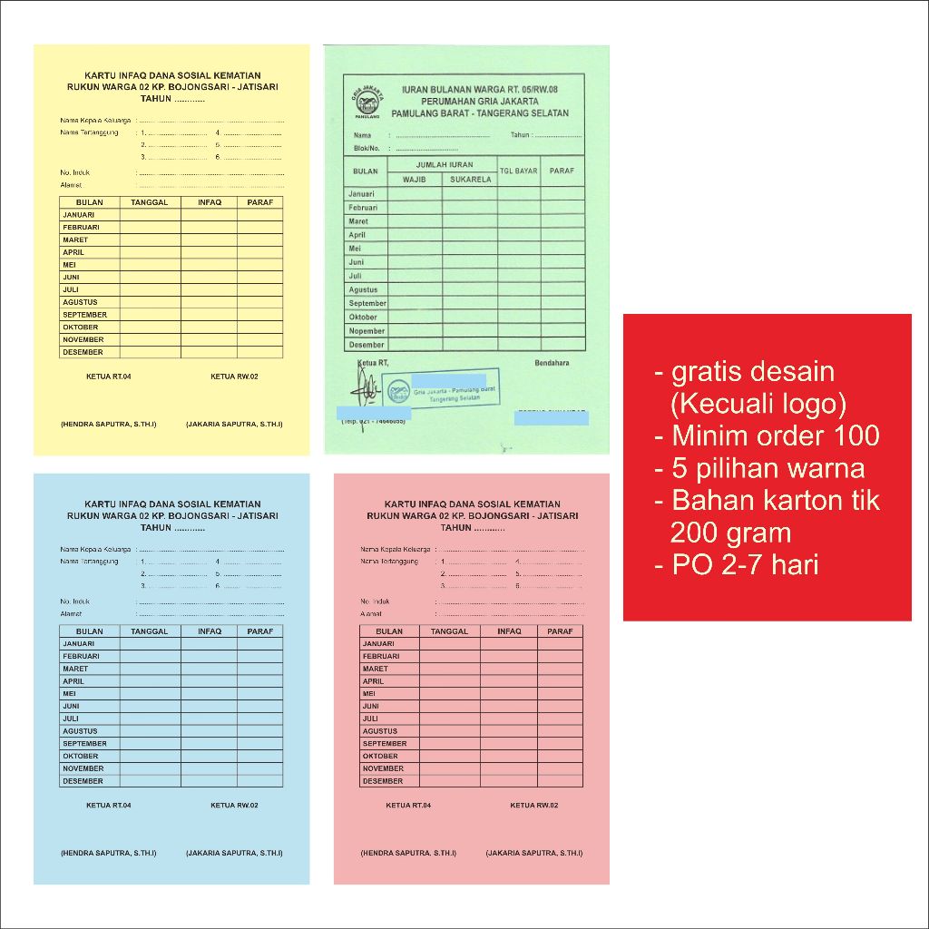 kartu iuran bulanan warga, sekolah, dll