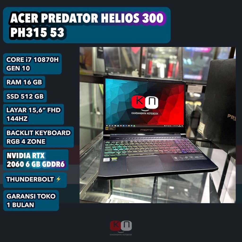 Acer Predator Helios 300 PH315 53 Core i7 10870H Nvidia RTX2060 6GB Ram 16GB Ssd 512GB 15,6inch Fhd 